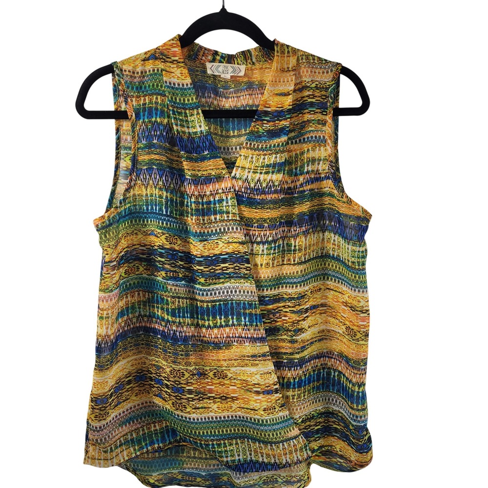 Pink Rose Large Sleeveless Surplice V-Neck Tribal Abstract Blouse Top Aztec Boho